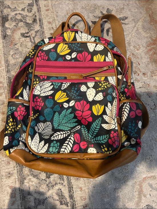 Fossil Handbags - Fossil Black Floral Print Backpack with Pink, Yellow & Teal Accents